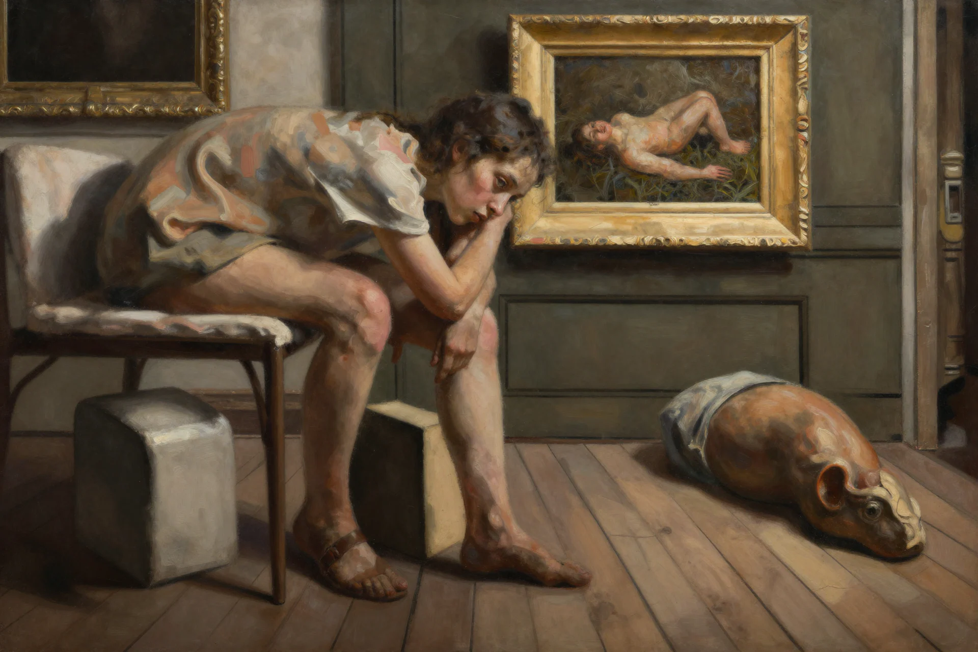 Painterly AI-assisted archival interior with a seated figure, framed painting, and distorted sculpture by Mehran Ahmadi