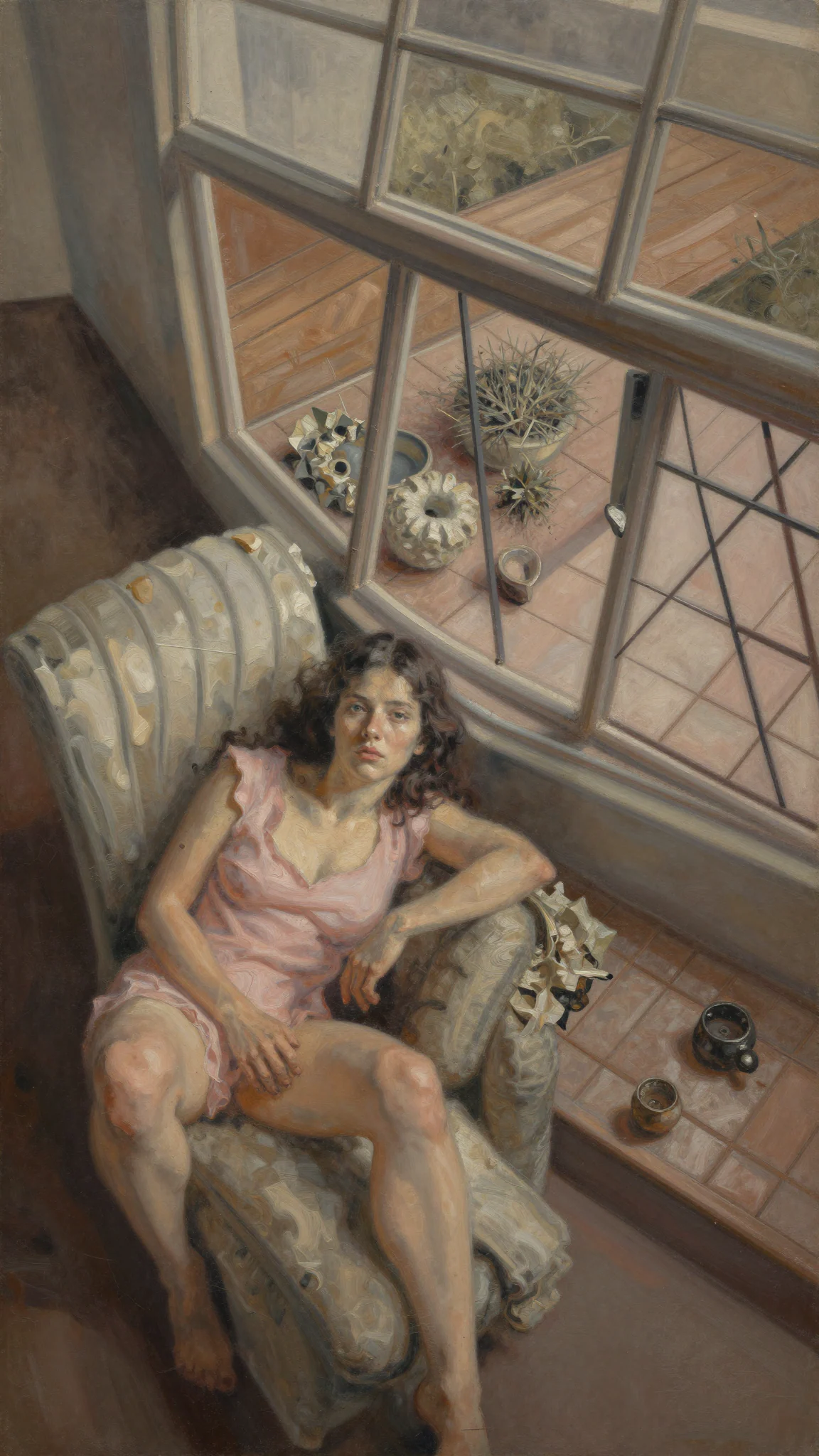 Painterly reconstructed figure reclining beneath a window in the False Restorations series by Mehran Ahmadi