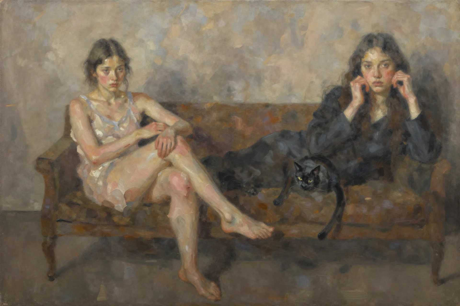 Two reconstructed figures and a black cat seated in an unstable painted interior by Mehran Ahmadi