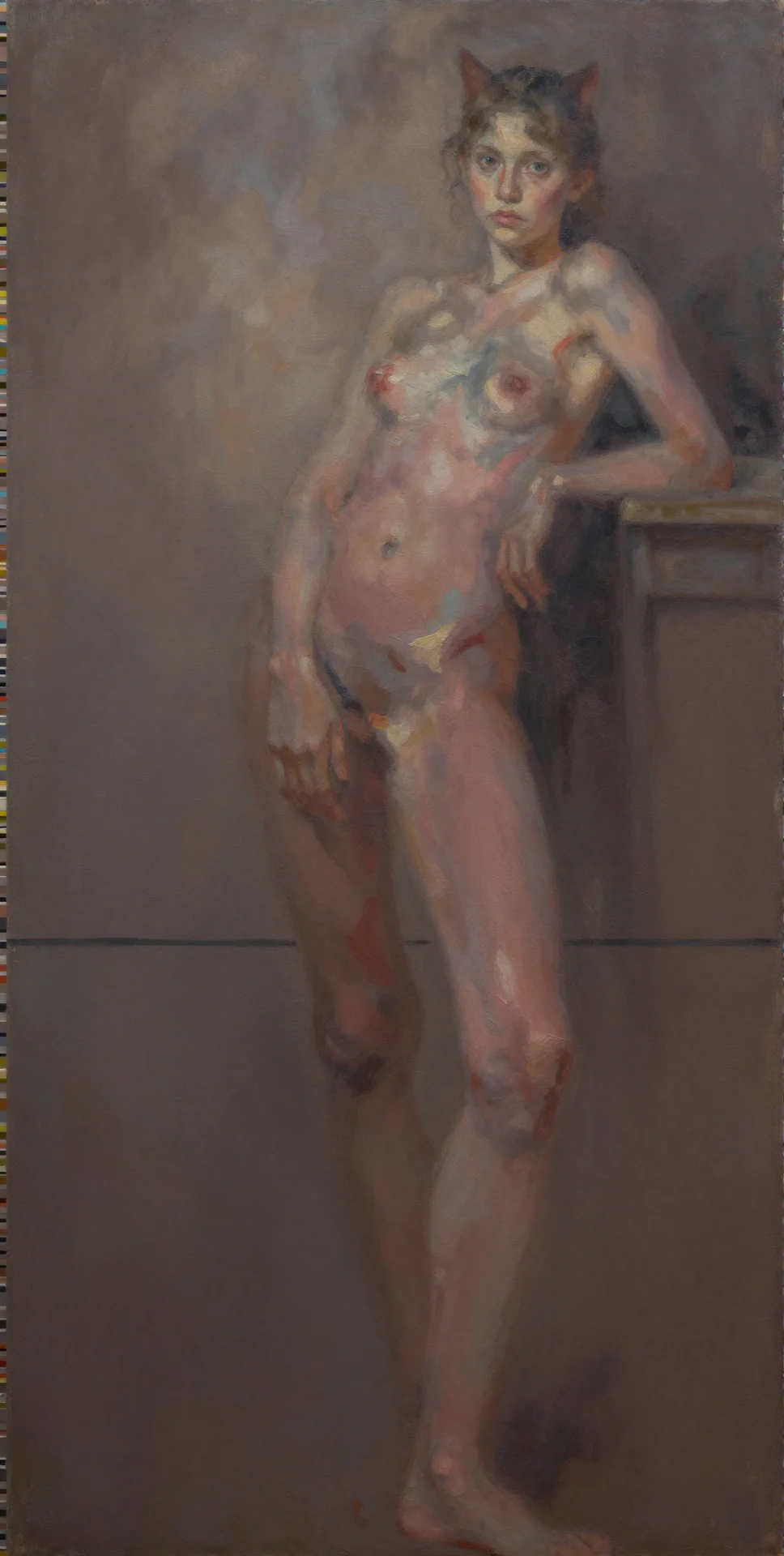 Fragmented standing figure rendered as an imperfect AI-assisted painting by Mehran Ahmadi