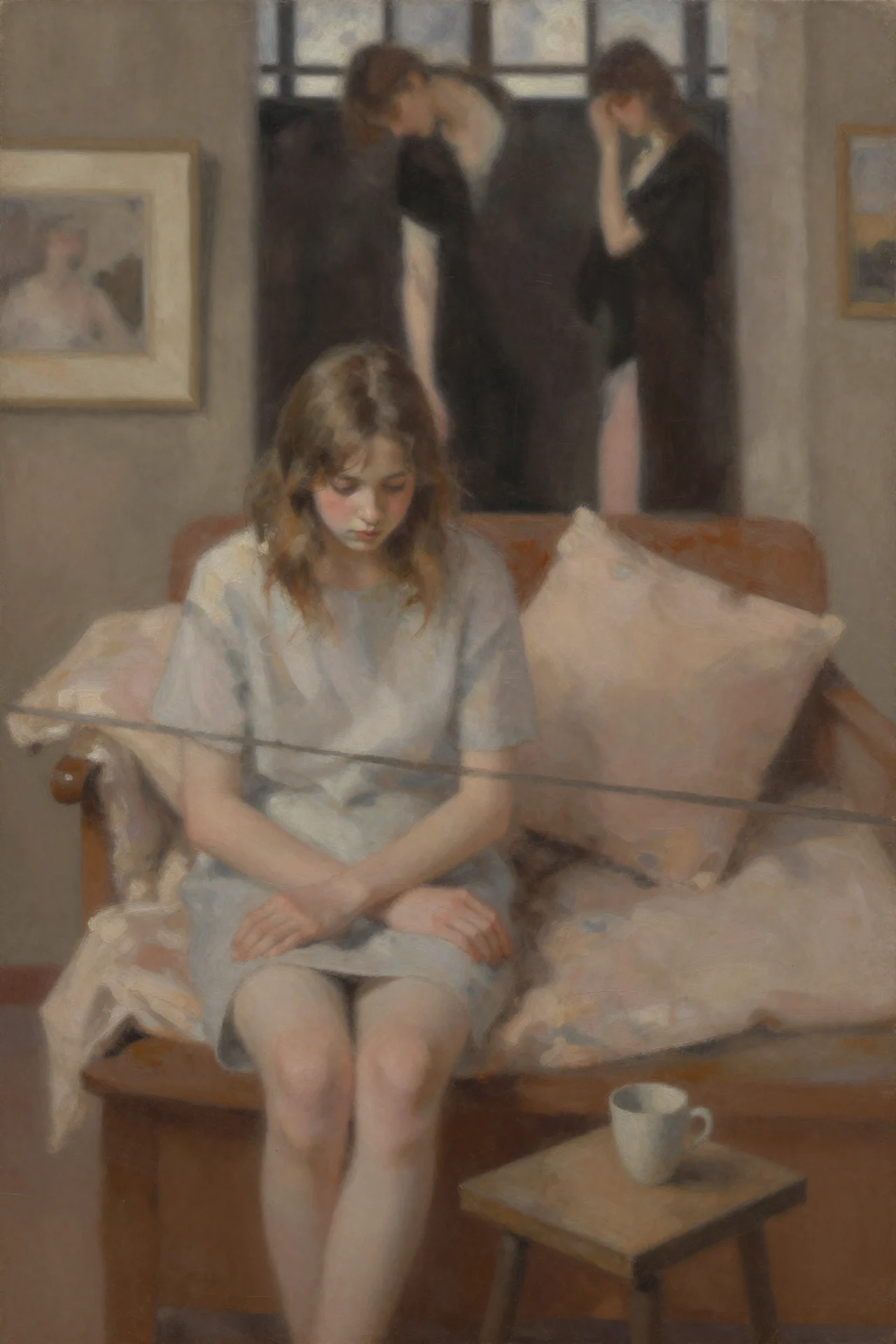 Quiet reconstructed room with a seated figure, mirror, and fading figures by Mehran Ahmadi