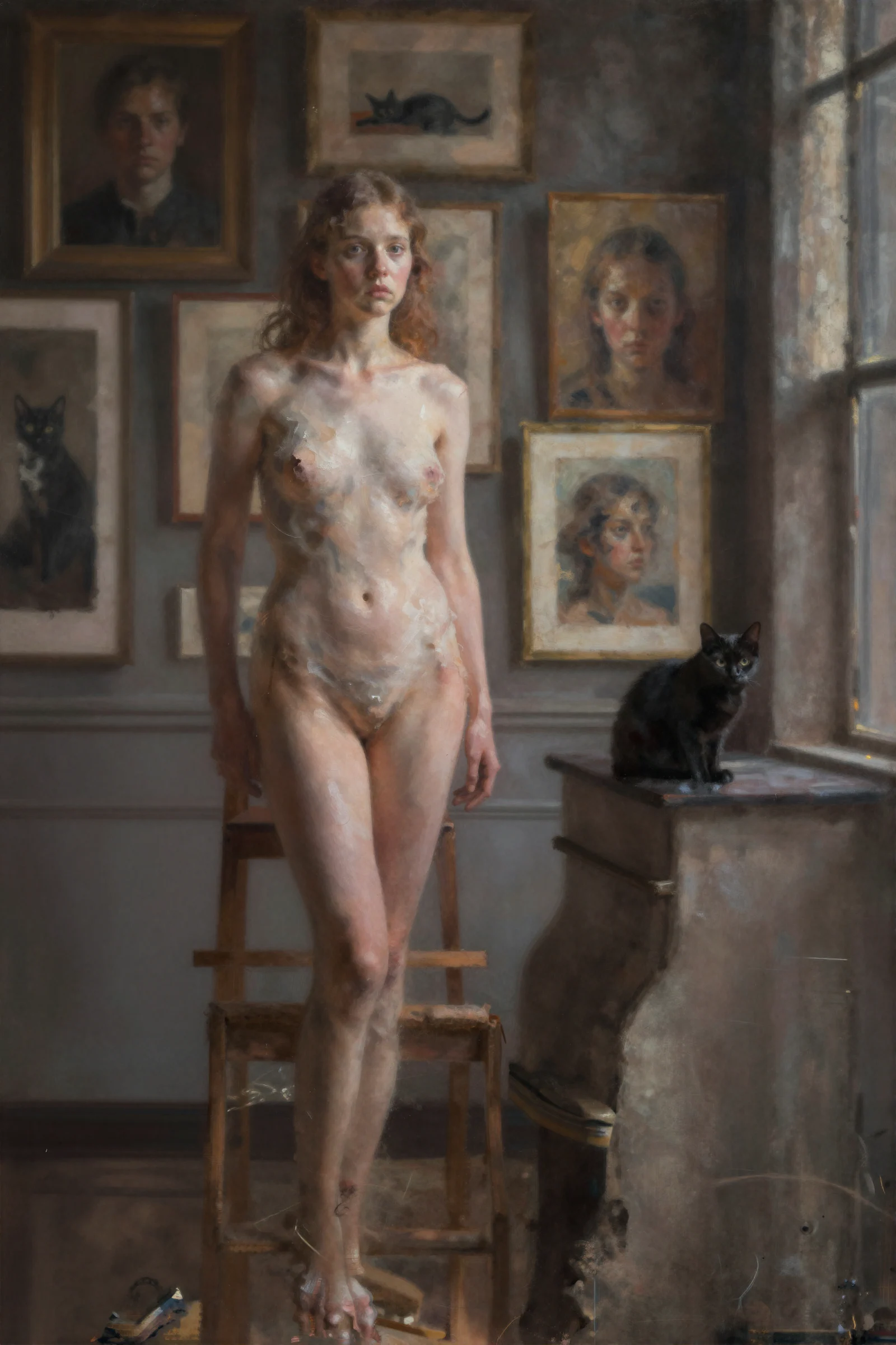 Standing figure surrounded by painted portraits and a black cat in an AI-assisted interior by Mehran Ahmadi
