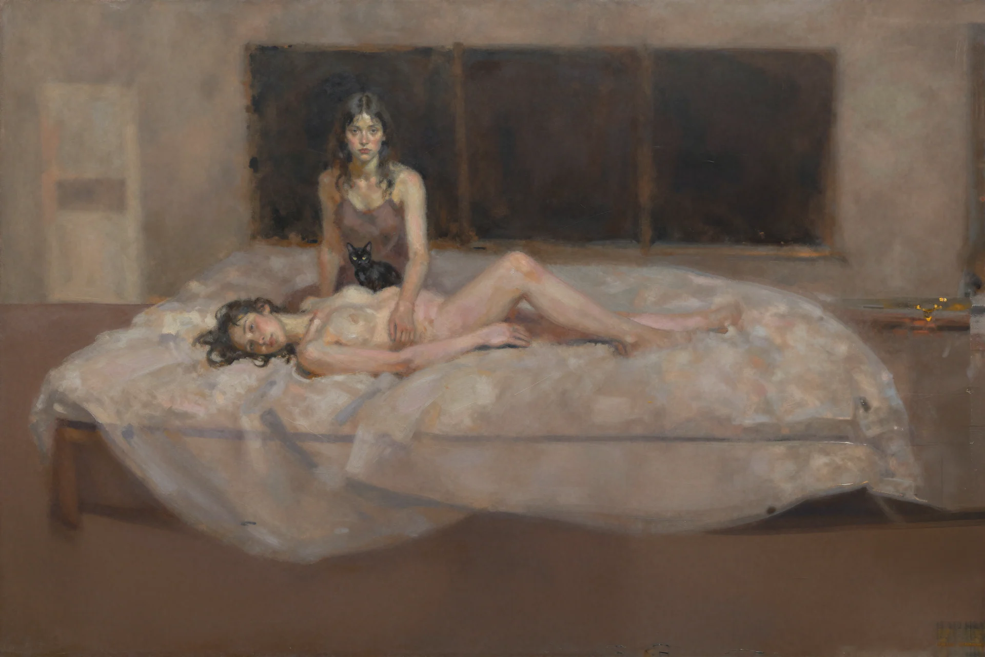 Two dreamlike reconstructed figures and a black cat arranged on a bed by Mehran Ahmadi