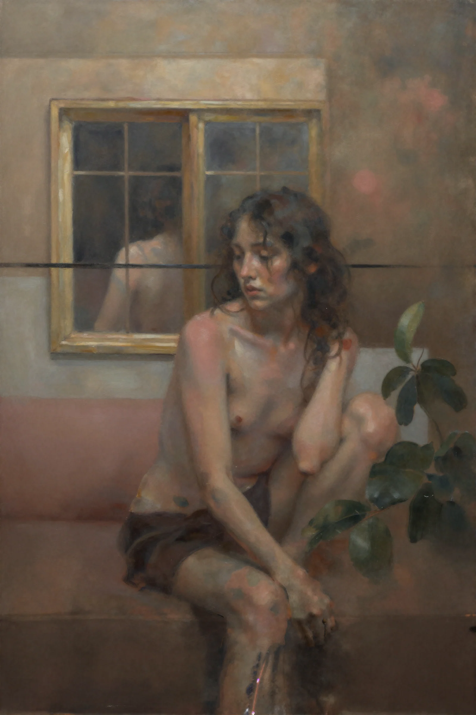 Seated figure beside a mirror and plant in a muted fictional painting by Mehran Ahmadi