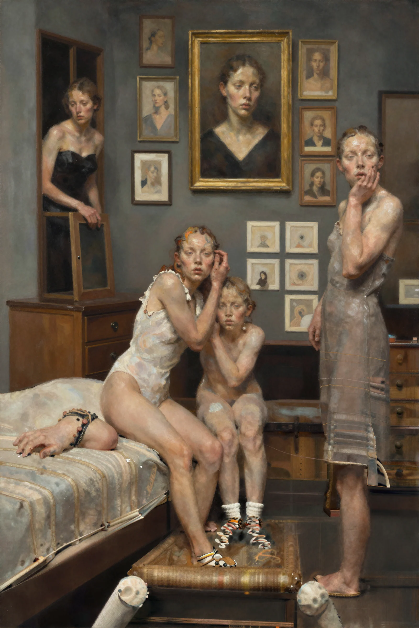 Figures assembled inside a room filled with unstable painted portraits by Mehran Ahmadi