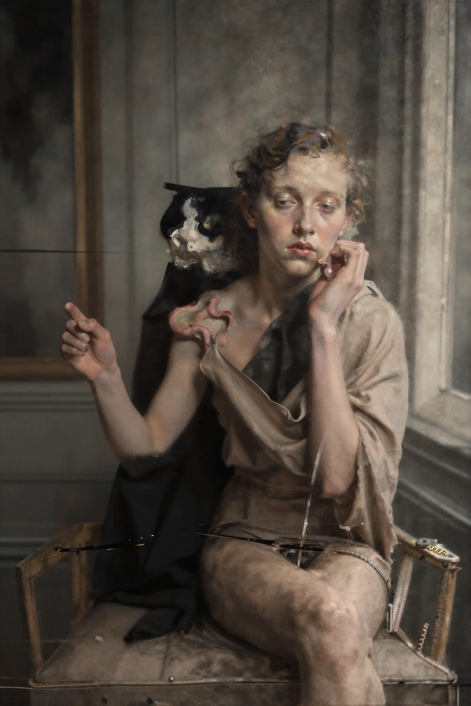 Reconstructed seated figure merging with a black cat and machine artifacts by Mehran Ahmadi