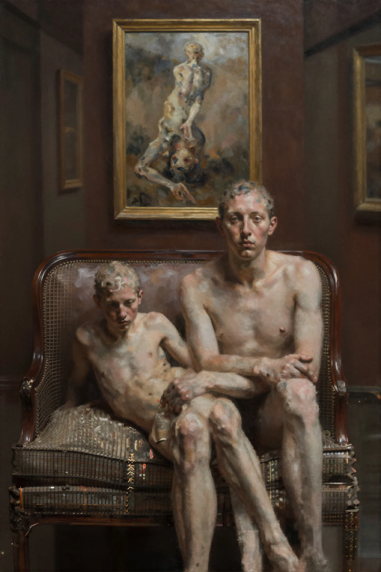 Two pale figures seated together beneath a distorted framed body by Mehran Ahmadi
