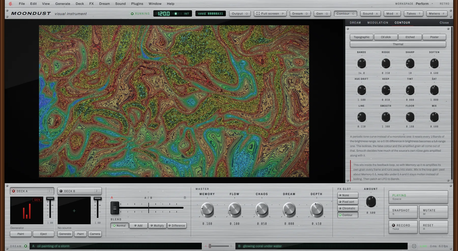 Moondust's Contour effect turning a flowing pattern into bands of false colour, with the Contour panel open