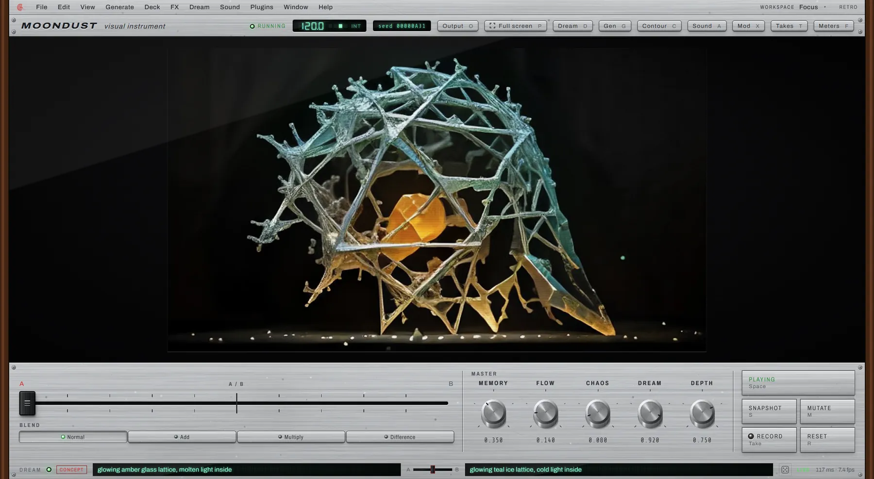 Moondust with the Dream layer live: a glass lattice sculpture, dreamed in amber and teal light, above the console with its Memory, Flow, Chaos, Dream and Depth knobs