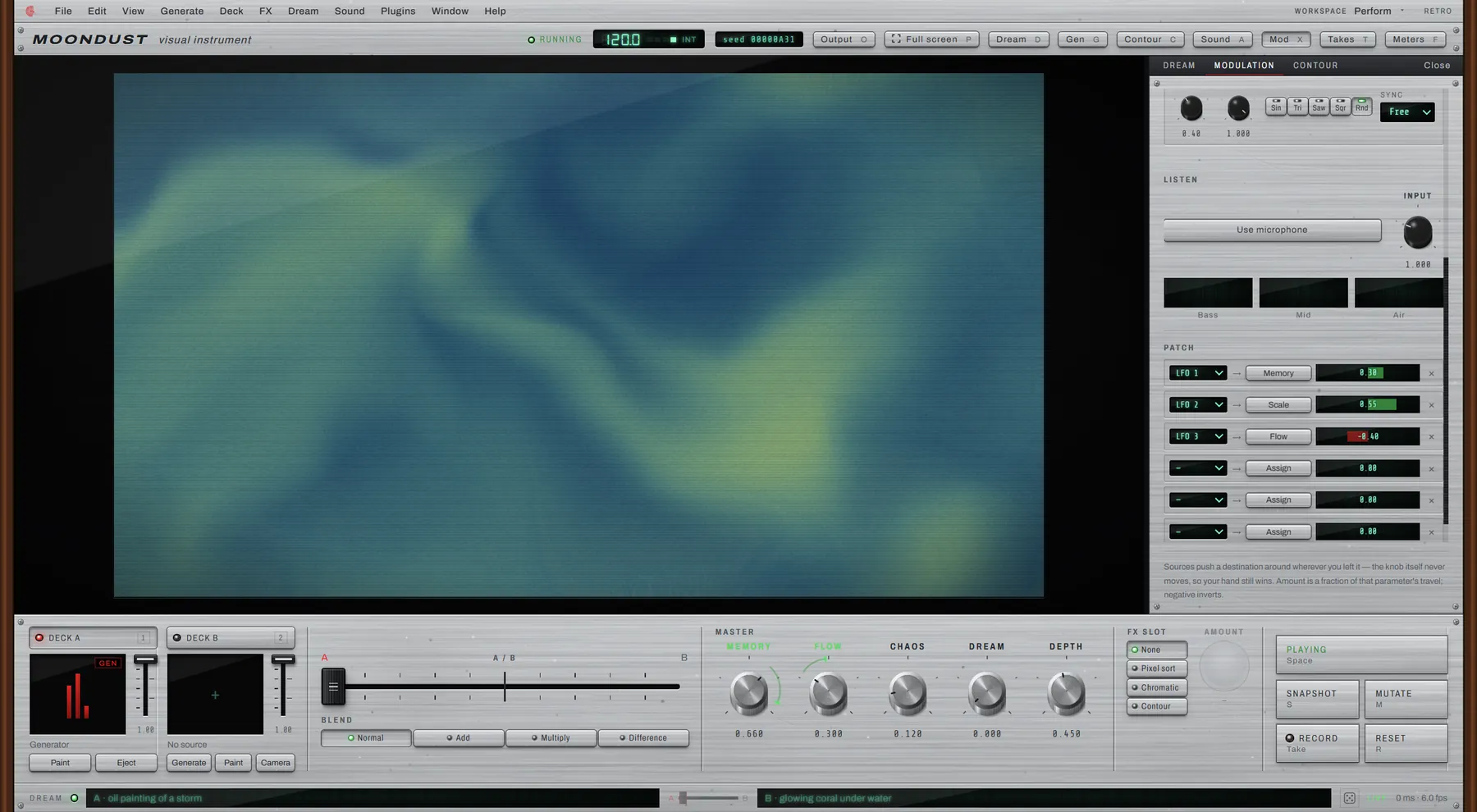 The Moondust modulation panel: three LFOs and a microphone input patched to Memory, Scale and Flow so the picture moves on its own