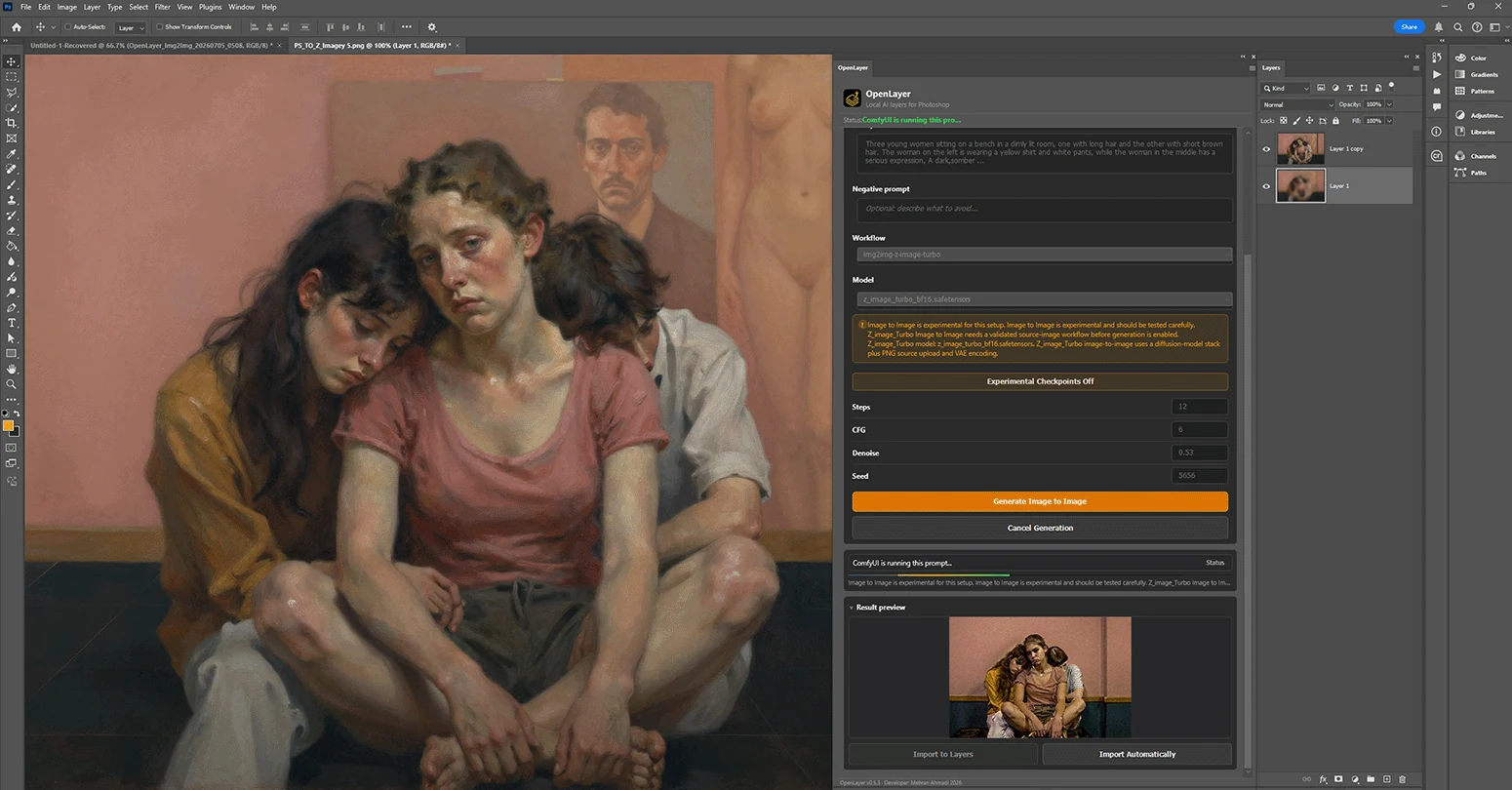 The OpenLayer panel running inside Adobe Photoshop, showing local ComfyUI image generation controls