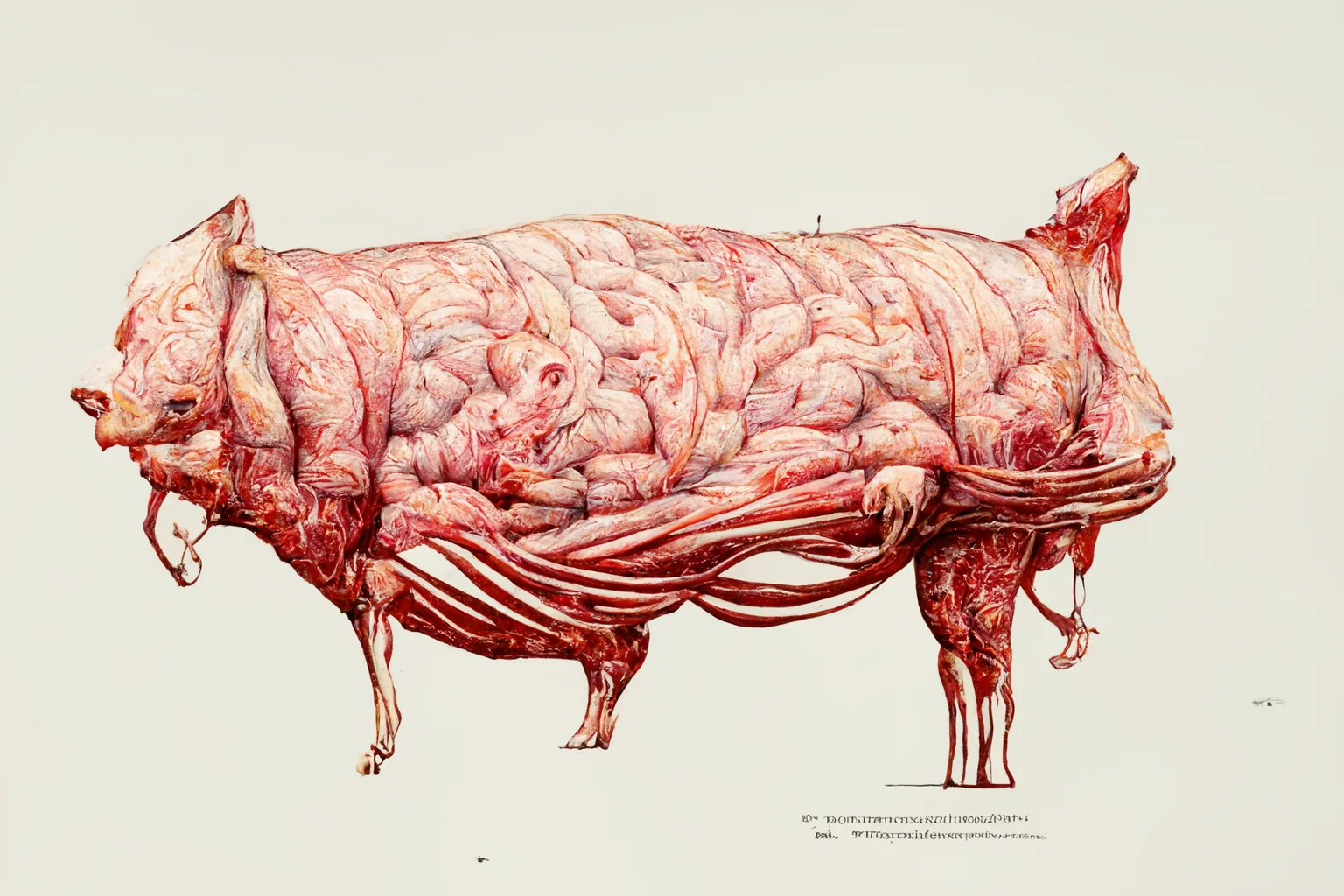 Pig anatomy transformed into flesh, cables, and machine-like structures