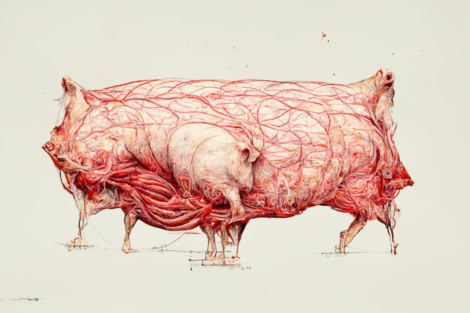 Anatomical animal diagram crossed by red vascular lines