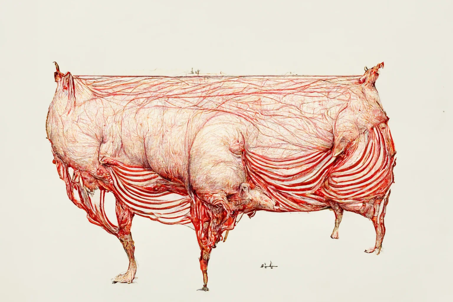 Pig body reduced to ribs, routes, and exposed technical structures