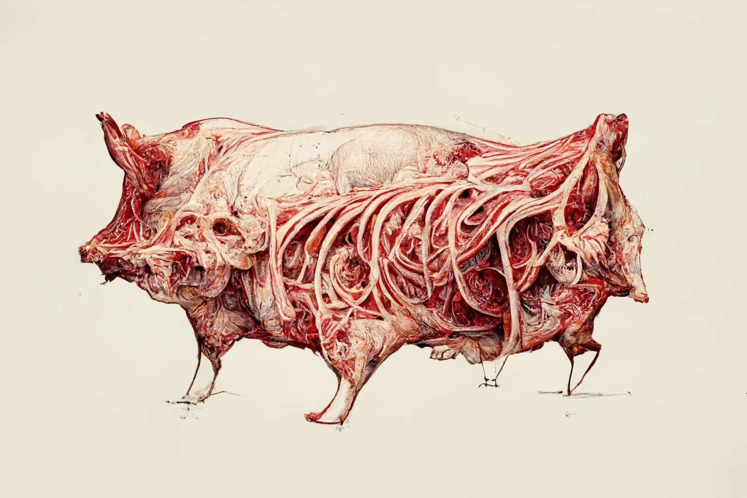 Anatomical pig form with an exposed network of ribs and organs