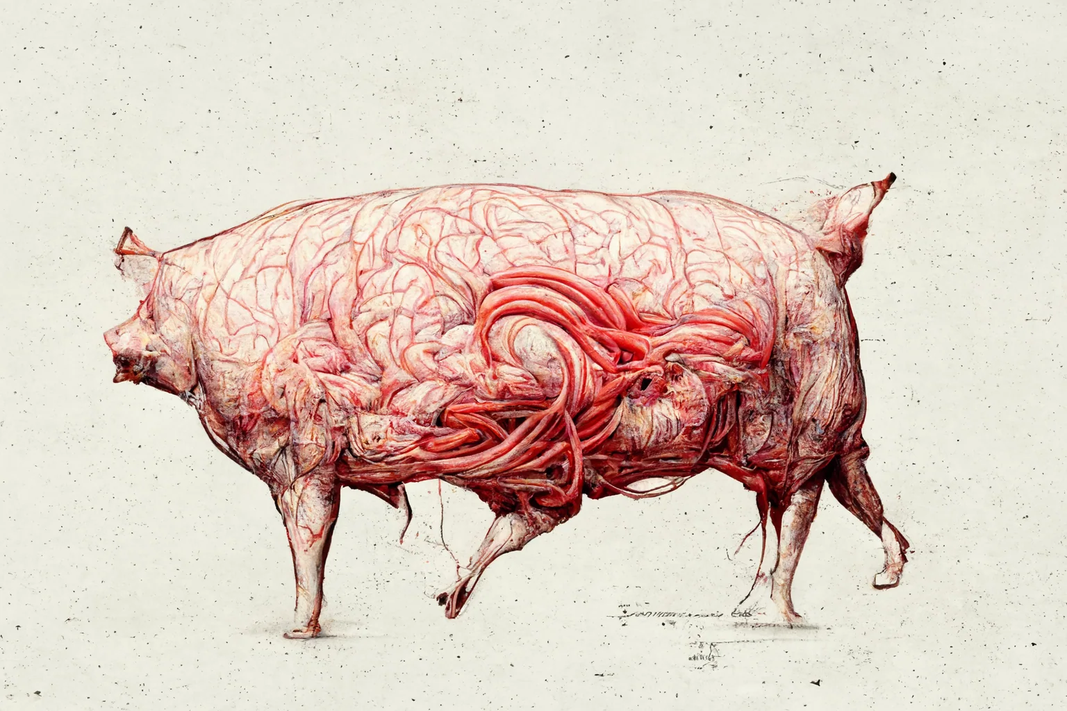Pig anatomy rendered as a pale technical study with red internal lines