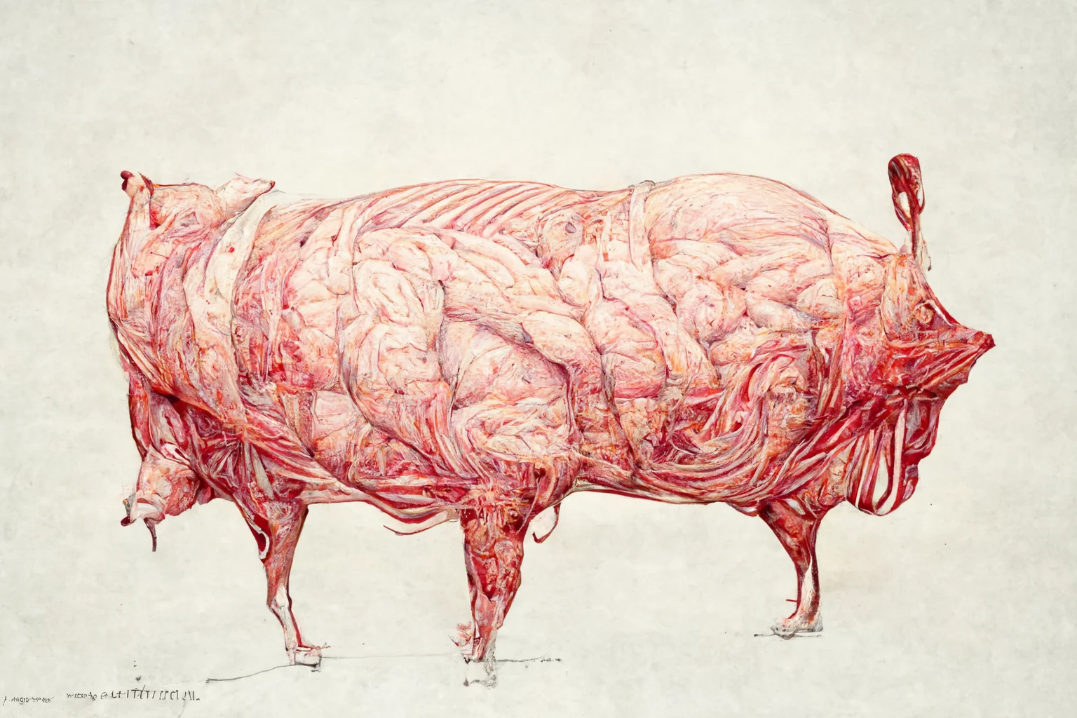 Anatomical pig study with flesh transformed into layered internal systems