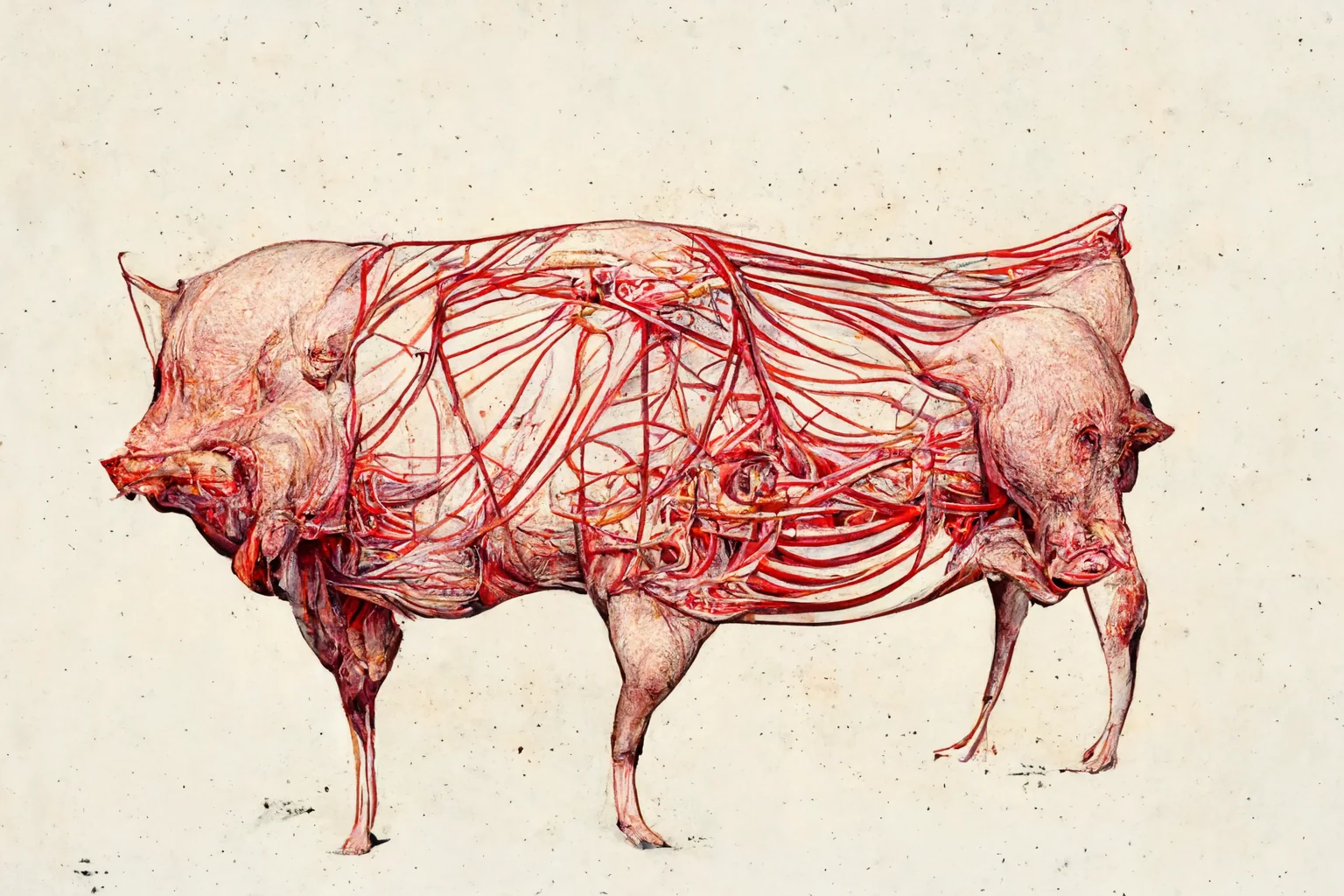 Pale pig body interrupted by red lines and exposed anatomical structures