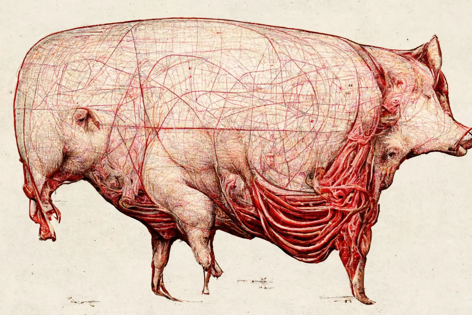 Animal anatomy reorganized into a violent network of bodies and cables