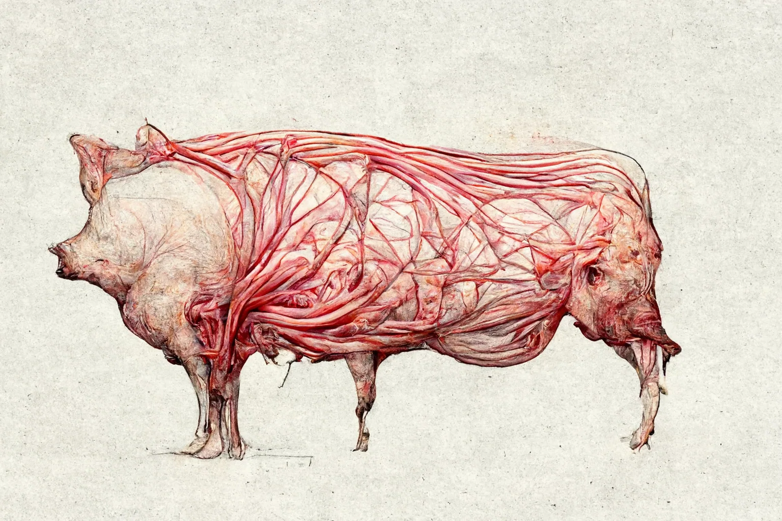 Pig body crossed by vascular routes and diagrammatic marks