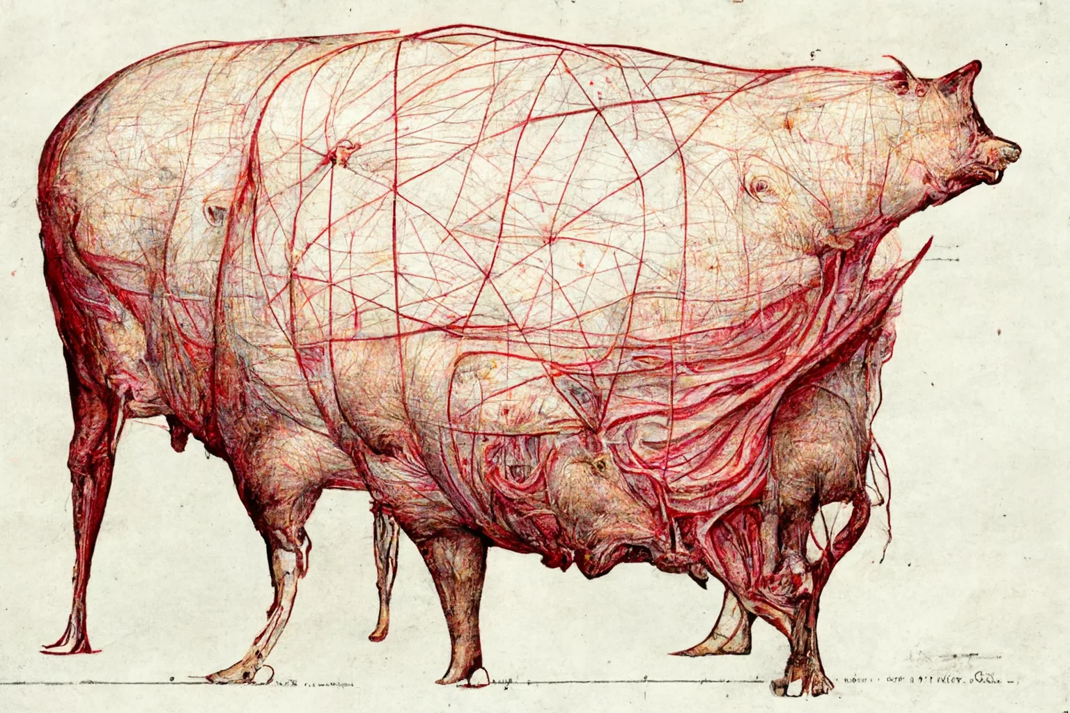 Anatomical animal form with internal structures organized like machinery