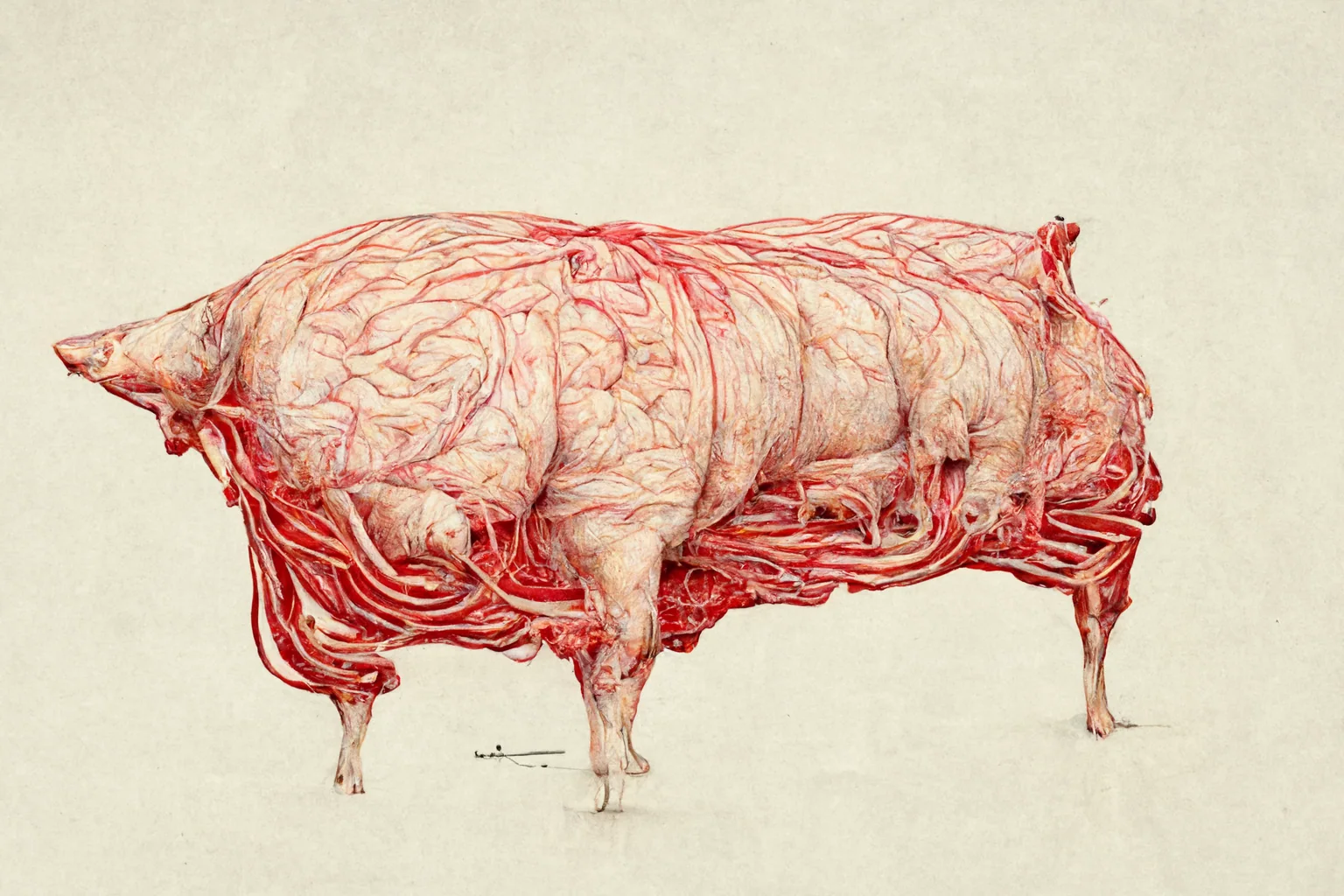 Pig anatomy rendered as a network of ribs, veins, and machine routes