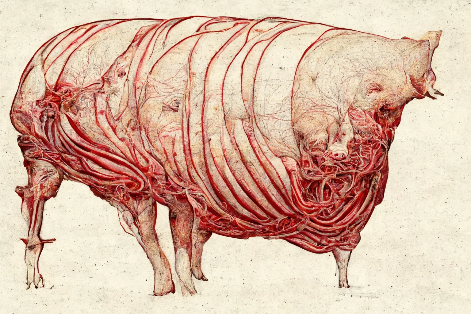 Anatomical pig body transformed into an archive of flesh and pattern