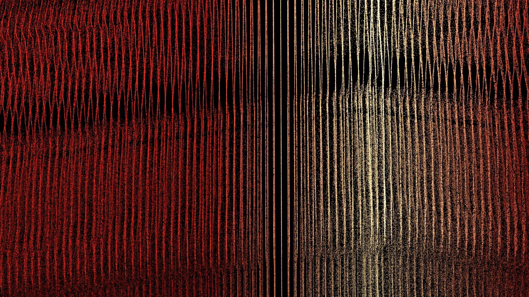Dense vertical lines of points shading from red to cream around a dark central seam