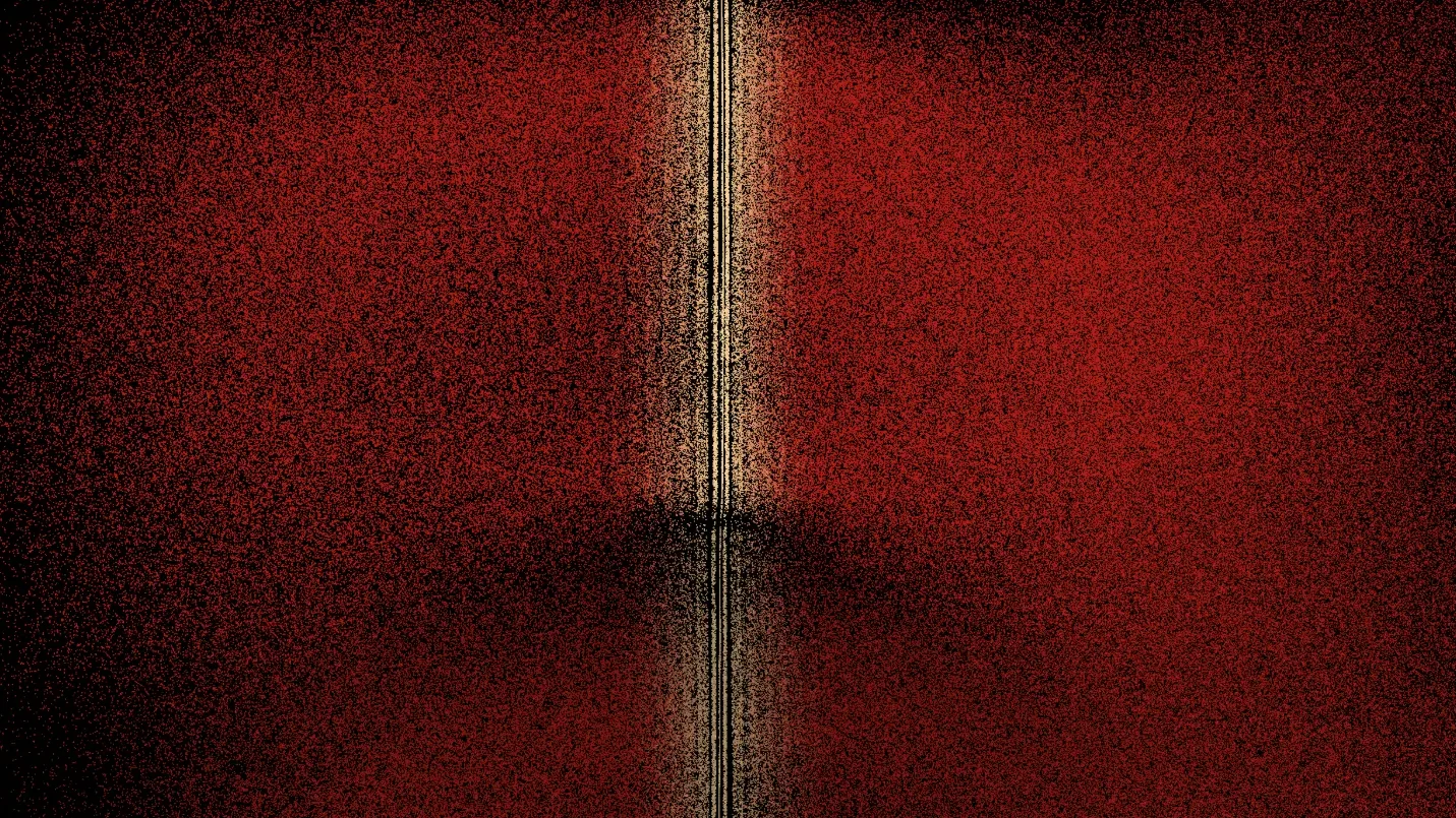 A field of red grain divided by a thin vertical band of cream lines, broken by a dark horizontal shadow