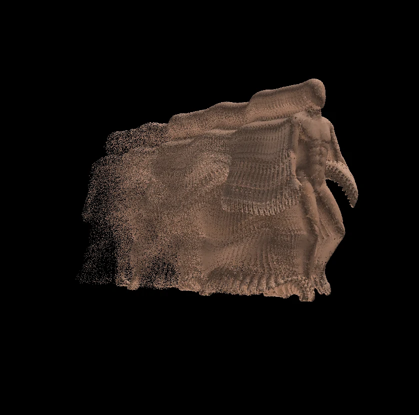 A figure at the end of its own walk, every earlier step trailing behind it as one solid sculpture of skin-coloured points