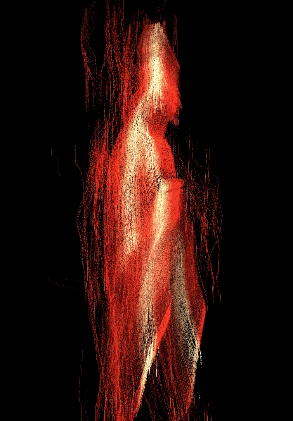 A walking figure drawn as red and white streaks of light