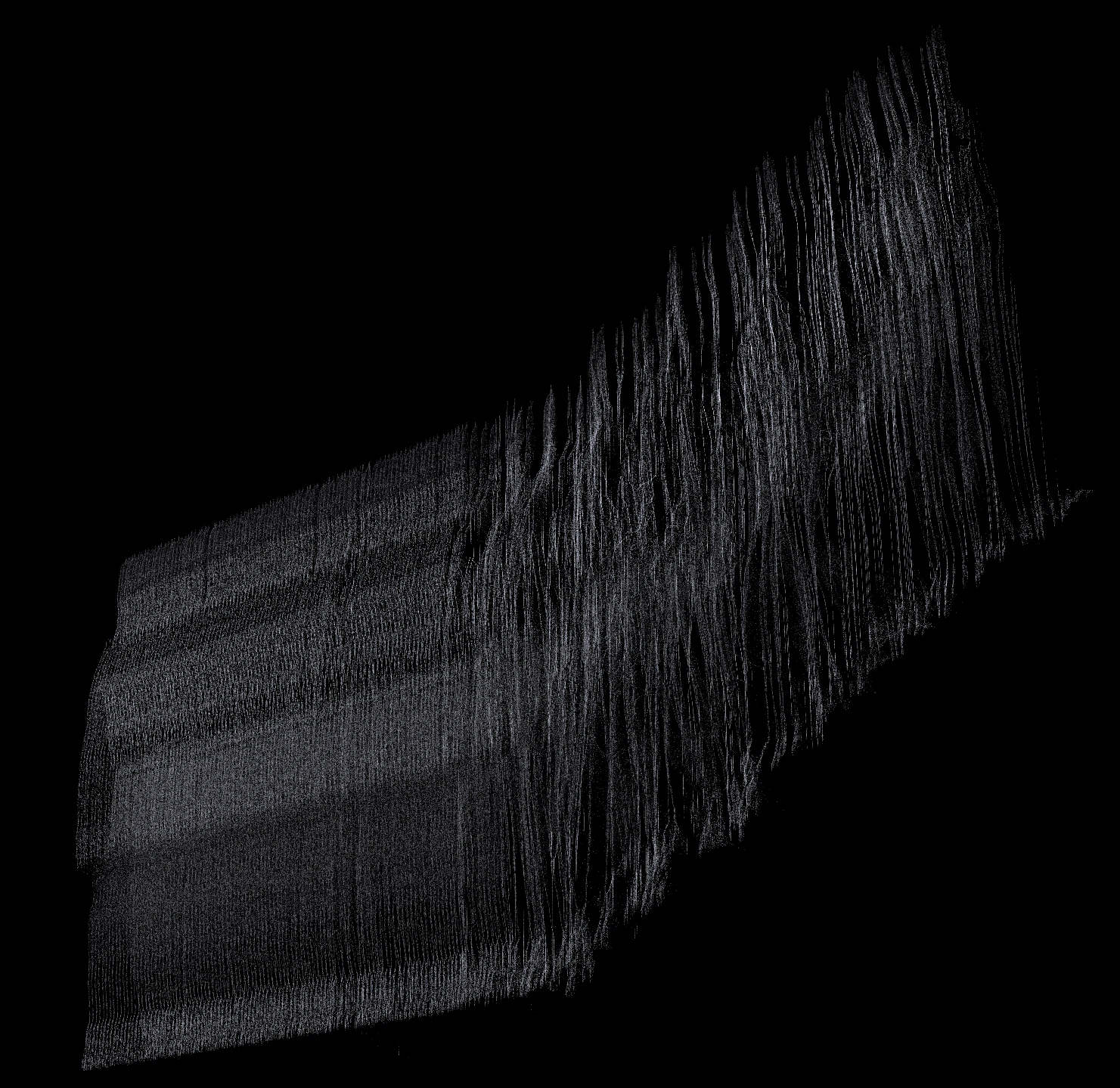 A pale grey plane of points rising to the right, breaking into fine vertical threads