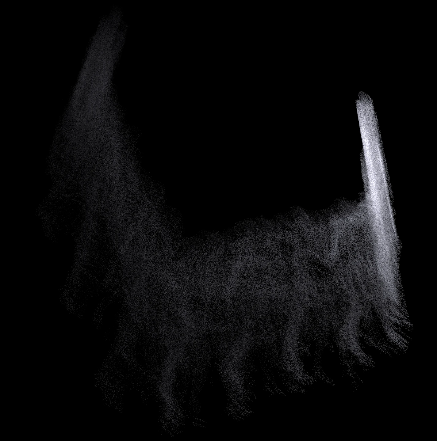 A pale grey wing of points rising to a bright vertical slab