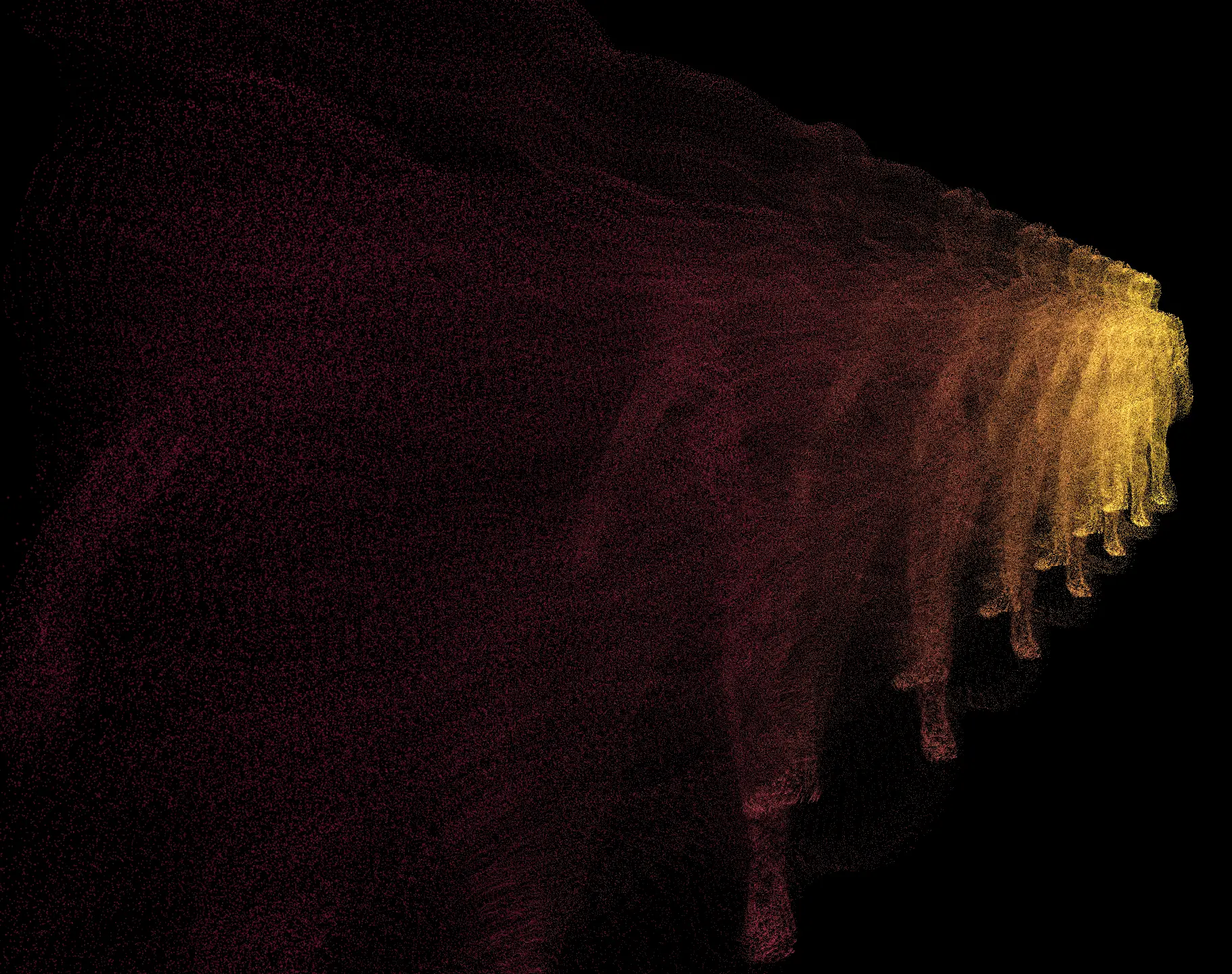 A walking figure dissolving into a long trail of gold and crimson points that fades into darkness