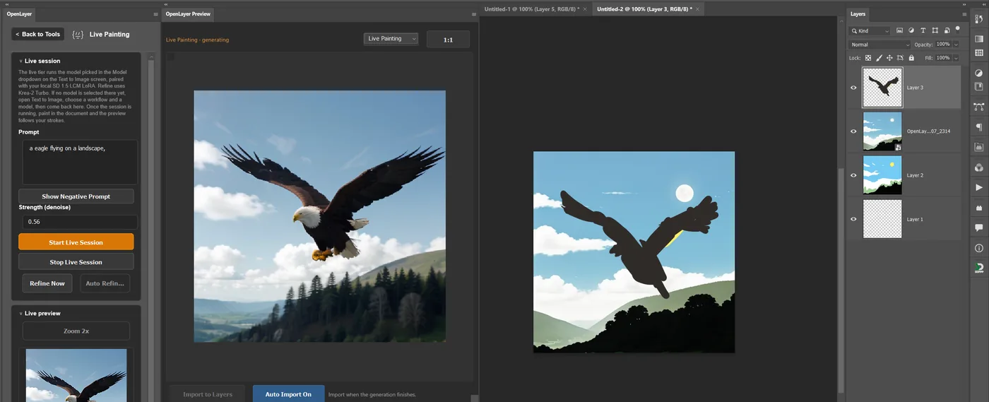 Live Painting turning a hand-painted silhouette into a photographic eagle.