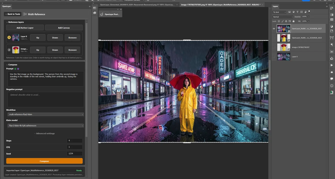 A figure in a yellow raincoat composed into a neon-lit rainy street.
