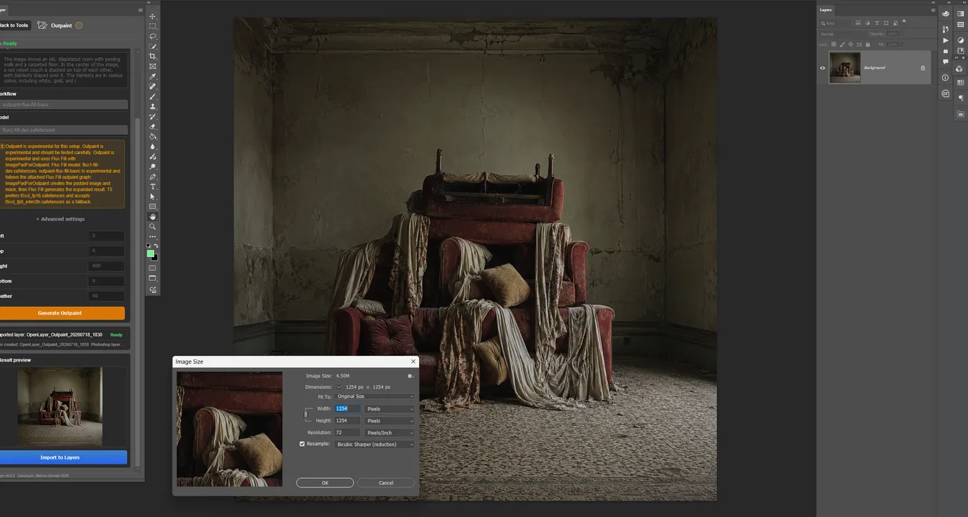 Outpaint extending a photographic interior beyond its original canvas edges.