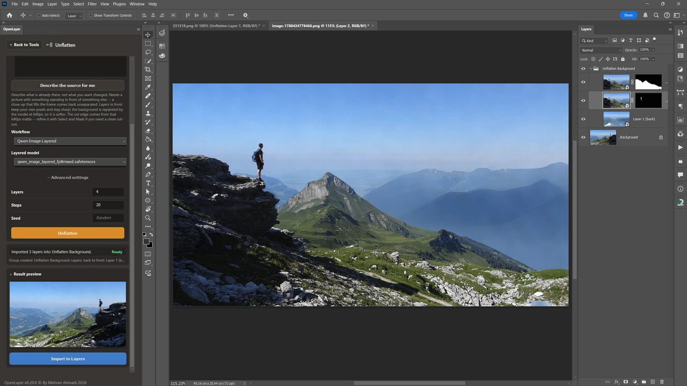 Unflatten splitting a mountain photograph into three separate Photoshop layers.