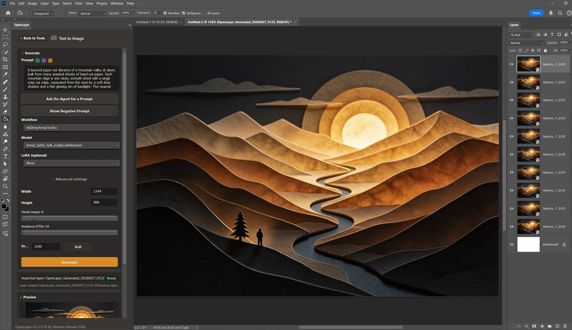 OpenLayer v0.37 Text to Image in Adobe Photoshop: a paper-cut mountain valley at dawn on the canvas, with a stack of generated variations in the Layers panel.