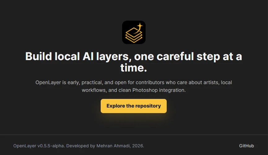 Earlier OpenLayer landing-page closing section with the gold layered logo and project mission.