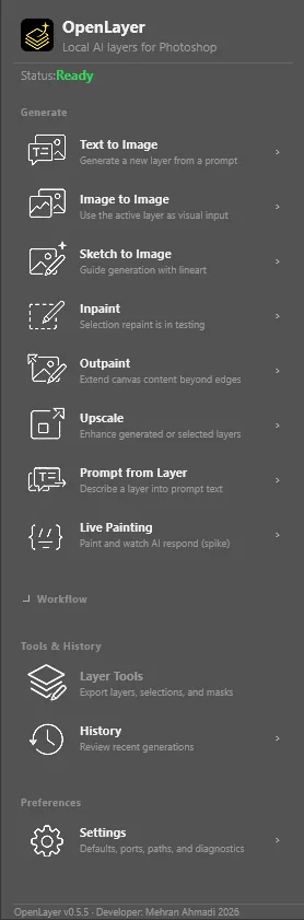 OpenLayer v0.6 compact dashboard with available, experimental, and unavailable tools clearly grouped.