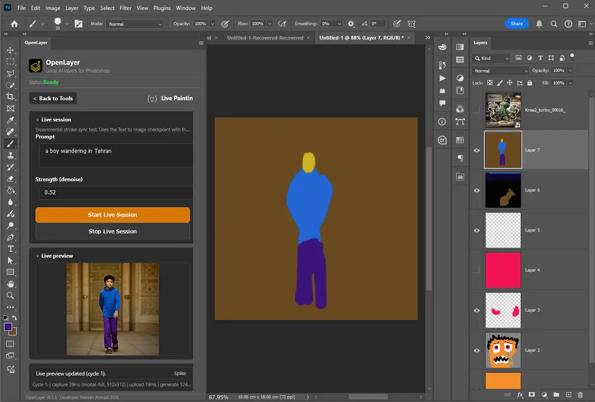 A simple painted figure in Photoshop transformed into a local AI preview through OpenLayer Live Painting.