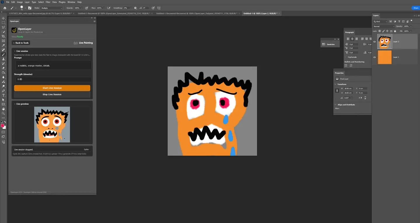 OpenLayer Live Painting turning a rough orange monster sketch into a local AI preview in Photoshop.