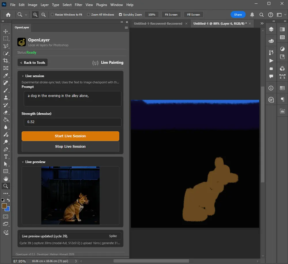 OpenLayer Live Painting with a sticky tool header and preview beside the active Photoshop canvas.
