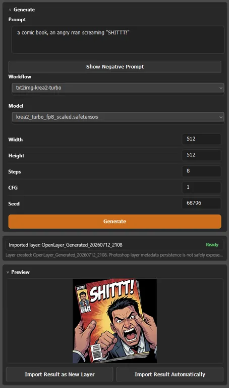 OpenLayer v0.6 Text to Image controls and generated comic preview.