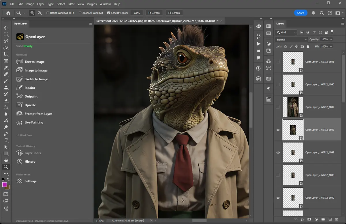 OpenLayer Upscale result displayed in Photoshop with generated layers visible in the Layers panel.